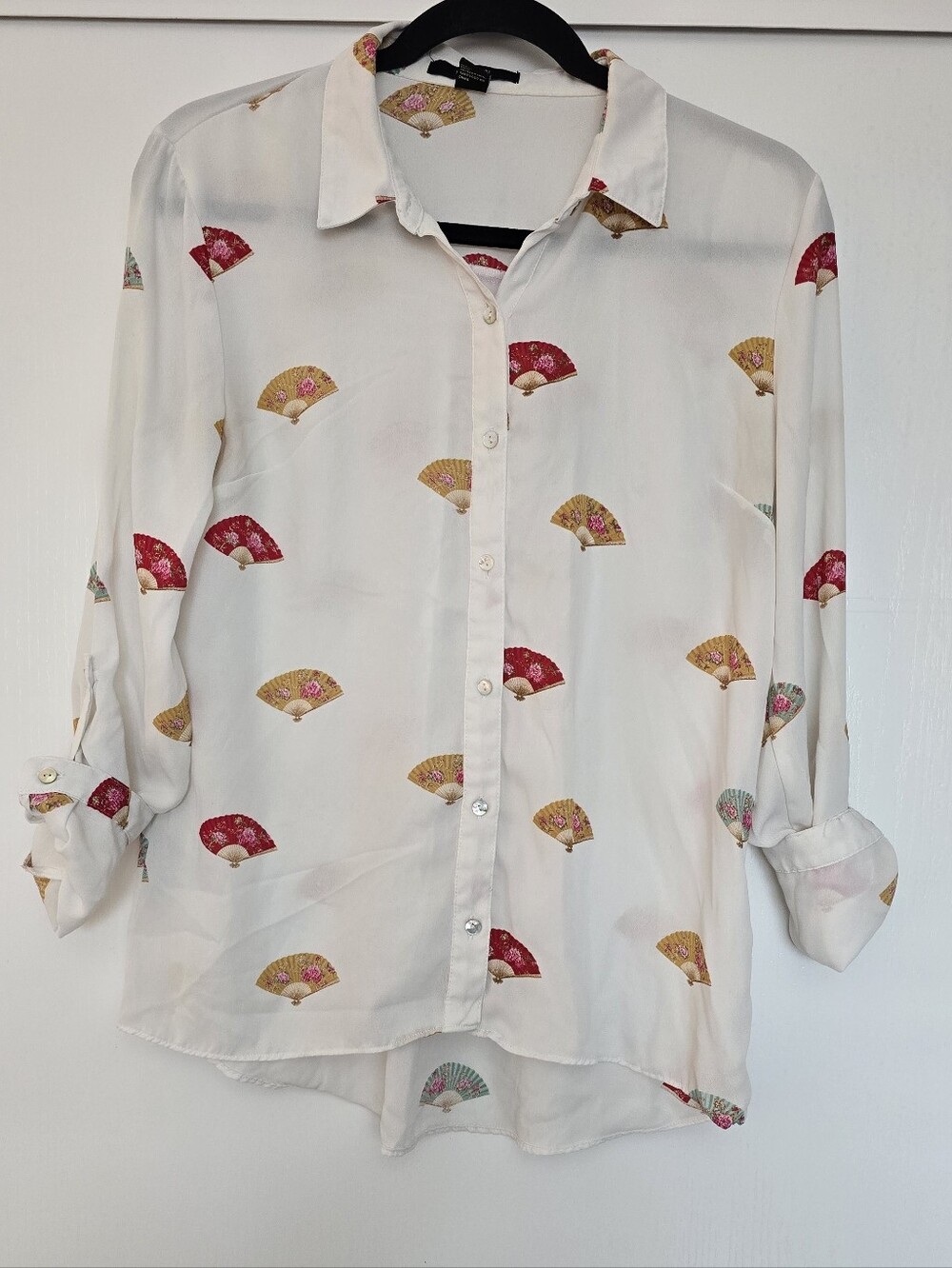 Forever 21 - White Multi-Coloured Fan Print Button Up Blouse Top